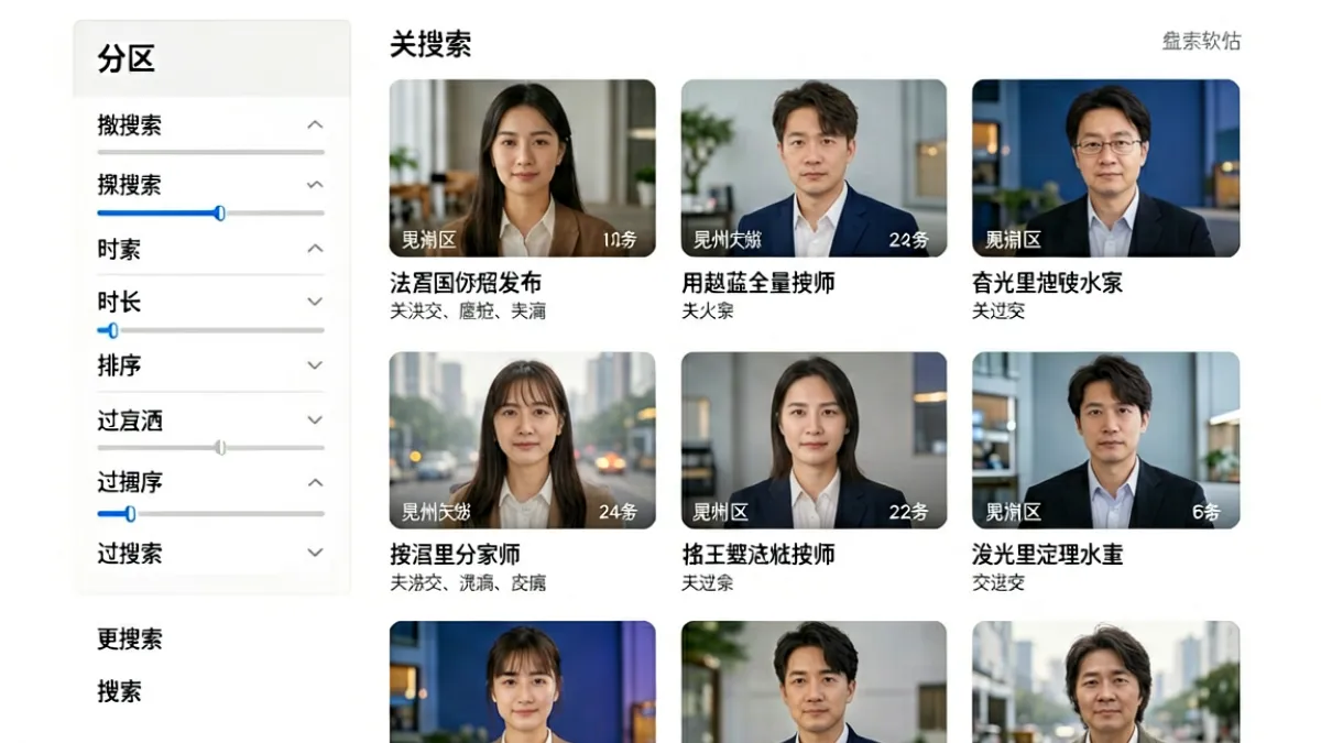 p站视频全局搜索界面截图，展示搜索框、过滤栏和结果列表的整体布局