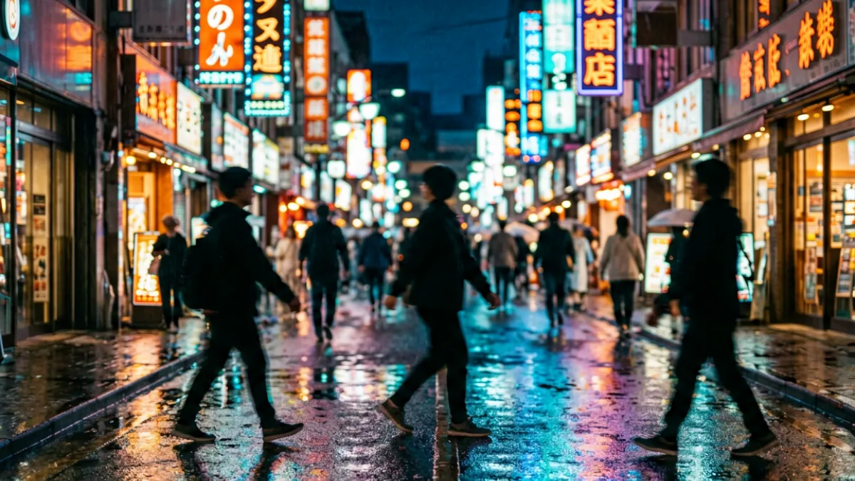 p站视频排名第一的作品缩略图，画面呈现夜间城市霓虹灯光下的街头场景