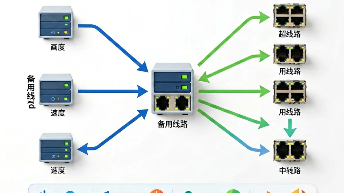 p站视频pz44线路与多条备用线路的速度及画质参数对比示意图，背景为网络拓扑示意