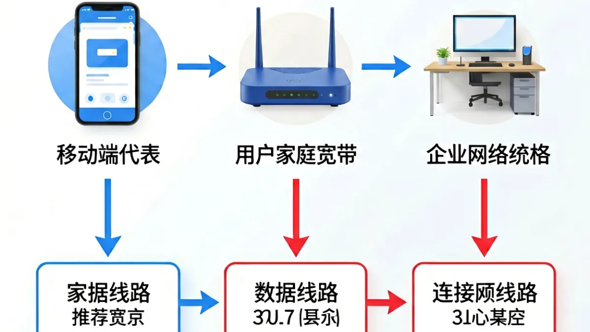 三种典型用户场景下选择p站视频线路的决策流程图，包括手机移动端、家庭宽带和办公室网络三类场景